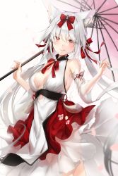 Rule 34 | 1girl, animal ear fluff, animal ears, azur lane, bad id, bad pixiv id, blush, bow, breasts, cat ears, cleavage, closed mouth, cowboy shot, detached sleeves, dore (gilles dore), floating hair, hair between eyes, hair bow, hair ribbon, highres, holding, holding umbrella, long hair, long skirt, looking at viewer, oil-paper umbrella, pink umbrella, red bow, red eyes, red ribbon, ribbon, sideboob, silver hair, skirt, smile, solo, standing, umbrella, very long hair, white skirt, white sleeves, yukikaze (azur lane), yukikaze (winter&#039;s snowy wind) (azur lane)