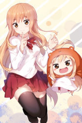 Rule 34 | 10s, 1girl, absurdres, animal costume, bad id, bad pixiv id, black thighhighs, blonde hair, blush, brown eyes, chibi, doma umaru, dual persona, finger to mouth, hamster costume, highres, himouto! umaru-chan, hood, komaru (himouto! umaru-chan), long hair, looking at viewer, playing with own hair, qingshui ai, revision, school uniform, skirt, smile, solo, thighhighs, zettai ryouiki
