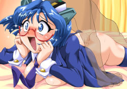 Rule 34 | 1boy, 1girl, 2k-tan, ahegao, anal, ass, bed, blue eyes, blue hair, blue thighhighs, blush, bottomless, breast press, breasts, constricted pupils, cum, cum in pussy, doggystyle, from behind, fucked silly, glasses, happy sex, hetero, lying, no bra, no panties, on stomach, open mouth, os-tan, prone bone, see-through, sex, sex from behind, short hair, smile, solo focus, surprised, tears, thighhighs, toushi ryoku