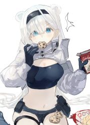 Rule 34 | 1girl, absurdres, animal ears, arknights, aurora (arknights), aurora (elite ii) (arknights), bear ears, black gloves, blue eyes, breasts, chips (food), cleavage, cookie, crop top, food, food in mouth, gloves, hairband, highres, long hair, midriff, navel, osakanadream, potato chips, short shorts, shorts, shrug (clothing), surprised, white background, white hair