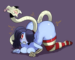 Rule 34 | 1girl, anal, ass, blue skin, blush, colored skin, creature, eric lowery, female focus, happy sex, huge ass, interspecies, leviathan (skullgirls), nude, sex, skullgirls, smile, squigly (skullgirls), striped clothes, striped thighhighs, sweat, thick thighs, thighhighs, thighs, wide hips, zombie