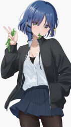 Rule 34 | 1girl, :t, absurdres, black jacket, blue hair, blue skirt, bocchi the rock!, breasts, brown pantyhose, cleavage, closed mouth, cowboy shot, eating, hair ornament, hairclip, hand in pocket, highres, holding grass, jacket, looking at viewer, makise (mix020511), medium breasts, miniskirt, pantyhose, pleated skirt, shirt, shirt tucked in, short hair, simple background, skirt, solo, sparkle, w, weeds, white background, white shirt, yamada ryo, yellow eyes