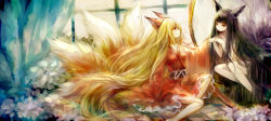 Rule 34 | 2girls, animal ears, bad id, bad pixiv id, black eyes, black hair, blonde hair, blunt bangs, flower, fox ears, fox tail, hanchan, highres, japanese clothes, kitsune, kyuubi, long hair, looking at another, mirror, multiple girls, multiple tails, nude, original, profile, red eyes, tail, traditional youkai, very long hair