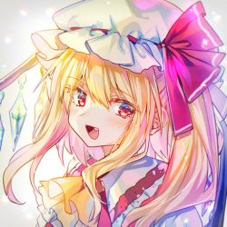 Rule 34 | 1girl, :d, ascot, blonde hair, blouse, blush, bow, commentary, crystal, english commentary, eyelashes, fang, flandre scarlet, frilled hat, frilled neckwear, frilled shirt collar, frilled sleeves, frills, grey background, hair ribbon, hand up, hat, hat bow, hat ribbon, here (hr rz ggg), juliet sleeves, long sleeves, looking at viewer, medium hair, mob cap, open mouth, ponytail, puffy sleeves, red bow, red eyes, red ribbon, red vest, ribbon, sash, shirt, side ponytail, sidelocks, simple background, slit pupils, smile, solo, sparkle, star (symbol), touhou, vest, white bow, white hat, white sash, white shirt, white sleeves, wings, yellow ascot