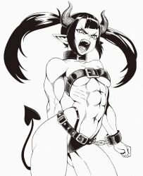 Rule 34 | 1girl, abs, angry, bare shoulders, belt, belt bra, black hair, breasts, chain, collar, cuffs, demon girl, demon horns, demon tail, handcuffs, highres, horns, muscular, muscular female, navel, open mouth, pointy ears, sharp teeth, small breasts, solo, tail, teeth, thick thighs, thighs, twintails, websake