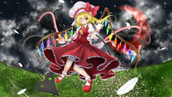 Rule 34 | 1girl, blush, bow, crescent moon, feathers, flandre scarlet, hat, hat bow, highres, laevatein, mary janes, moon, one eye closed, open hands, red eyes, red moon, shoes, side ponytail, solo, touhou, wink, wrist cuffs, ymd (holudoun)