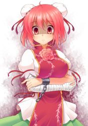 Rule 34 | 1girl, aura, bandages, bandaged arm, blank stare, chinese clothes, crossed arms, cuffs, dark aura, double bun, empty eyes, flower, green skirt, highres, ibaraki kasen, looking at viewer, pink eyes, pink hair, pink rose, puffy sleeves, rose, serious, shaded face, shirt, short hair, skirt, solo, tabard, tappei, thorns, touhou, white shirt