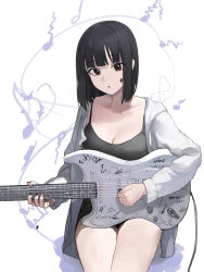 Rule 34 | 1girl, :o, absurdres, black hair, black nails, blunt bangs, breasts, brown eyes, cleavage, collarbone, facial tattoo, fingernails, guitar, highres, holding, holding instrument, instrument, jacket, long sleeves, looking at viewer, mac star, medium breasts, musical note, nail polish, open clothes, open jacket, original, short hair, simple background, sitting, solo, star tattoo, tattoo, thighs, white background, white jacket