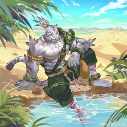 Rule 34 | 1boy, abs, absurdres, alternate pectoral size, animal ears, armor, bara, bare pectorals, bulge, chest belt, colored sclera, cross scar, full body, furry, furry male, green pants, grey fur, highres, large pectorals, male focus, muscular, muscular male, nimbus (world flipper), nipples, pants, pauldrons, pectorals, sand, scar, scar on leg, shoulder armor, single pauldron, sky, snout, solo, stomach, thick thighs, thighs, tiger boy, tiger ears, tree, two-tone fur, water, white fur, world flipper, xianyusamuel, yellow sclera
