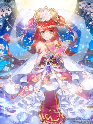 Rule 34 | 1girl, artist name, bare shoulders, blue n, brown eyes, closed mouth, commentary request, detached sleeves, double bun, dress, flower, gyakushuu no fantasica, hagoromo, hair flower, hair ornament, hairpin, holding, holding wand, long hair, looking at viewer, official art, petals, red hair, see-through, shawl, smile, solo, sparkle, very long hair, wand, watermark, wide sleeves