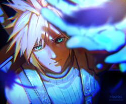 Rule 34 | 1boy, aqua eyes, artist name, blonde hair, blurry, blurry foreground, cloud strife, final fantasy, final fantasy vii, final fantasy vii rebirth, final fantasy vii remake, from above, hair between eyes, highres, looking at viewer, male focus, noinoichebura, shading eyes, sleeveless, sleeveless turtleneck, solo, spiked hair, suspenders, sweatdrop, turtleneck, twitter username, upper body, weapon, weapon on back