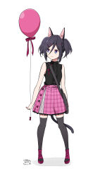 Rule 34 | 1girl, animal bag, animal ear fluff, animal ears, bag, balloon, bare arms, bare shoulders, black hair, black shirt, blush, boots, breasts, cat ears, cat girl, cat tail, closed mouth, commentary request, cross-laced footwear, hair between eyes, hair ornament, hairclip, highres, holding, holding balloon, lace-up boots, original, parted bangs, pink skirt, plaid, plaid skirt, purple footwear, ragho no erika, shadow, shirt, shoulder bag, sidelocks, skirt, sleeveless, sleeveless shirt, small breasts, smile, solo, tail, translation request, twintails, white background