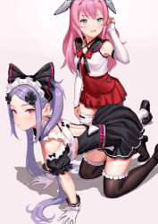 Rule 34 | 2girls, all fours, apron, aqua eyes, bare shoulders, black bow, black dress, black footwear, black legwear, black sailor collar, blush, bow, breasts, character request, commentary, copyright request, detached sleeves, dress, feet out of frame, fkey, forehead, frill trim, frilled legwear, frills, from side, gloves, grey background, hair bow, hair ornament, hair over shoulder, hand up, highres, kneeling, long hair, looking at viewer, maid headdress, medium breasts, multiple girls, off-shoulder dress, off shoulder, open mouth, parted bangs, pink eyes, pink hair, puffy short sleeves, puffy sleeves, purple hair, red bow, red dress, sailor collar, shadow, shoes, short dress, short sleeves, sidelocks, simple background, sleeves past wrists, small breasts, thighhighs, thighs, twintails, very long hair, vest, virtual youtuber, white apron, white bow, white gloves, white legwear, white vest, zettai ryouiki