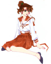 Rule 34 | 1990s (style), bishoujo senshi sailor moon, brown hair, green eyes, hair bobbles, hair ornament, kino makoto, ponytail, sailor jupiter, school uniform, sitting, skirt