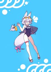 Rule 34 | 1girl, absurdres, animal ears, cross (vgne4542), fish, food, fox ears, fox tail, highres, phase connect, ribbon, simple background, smile, sunglasses, swimsuit, tail, tenma maemi, virtual youtuber