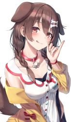 Rule 34 | 1girl, :q, animal ears, bone hair ornament, braid, breasts, brown hair, cartoon bone, cleavage, collar, collarbone, dog ears, dog girl, dog tail, hair between eyes, hair ornament, hand up, highres, hololive, inugami korone, inugami korone (1st costume), jacket, looking at viewer, low twin braids, medium breasts, red collar, short hair, simple background, solo, superpig, tail, tongue, tongue out, twin braids, virtual youtuber, white background, yellow jacket