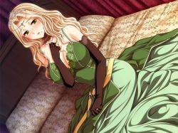 Rule 34 | 1girl, bed, breasts, catherine estol, circlet, cleavage, elbow gloves, game cg, gloves, jewelry, kneeling, koizumi amane, large breasts, mole, princess, ring, shouki letitia, solo, tiara, worried