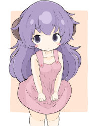 Rule 34 | 1girl, absurdres, bare arms, bare shoulders, blush stickers, breasts, brown background, cleavage, closed mouth, commentary request, dress, hanyuu, highres, higurashi no naku koro ni, horns, long hair, medium breasts, pink dress, purple eyes, purple hair, rururu (pyrk8855), sleeveless, sleeveless dress, solo, standing, thick eyebrows, two-tone background, very long hair, white background