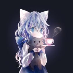 Rule 34 | 1girl, :3, animal, back bow, black background, blue dress, blue eyes, bow, cat, commentary request, cup, dress, holding, holding animal, holding cat, holding plate, koneko mari, long hair, long sleeves, mug, open mouth, original, plate, solo, steam, upper body