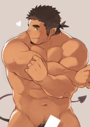 Rule 34 | 1boy, abs, bara, beard, blush, brown hair, censored, completely nude, demon tail, facial hair, fang, kuro nezumi inu, large pectorals, looking at viewer, male focus, male pubic hair, muscular, navel, nude, original, pectoral press, pectorals, pubic hair, simple background, smile, solo, stretching, tail, thick eyebrows, upper body