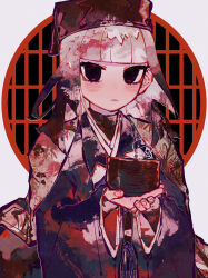 Rule 34 | 2girls, absurdres, black eyes, black hair, black kimono, black undershirt, blunt bangs, blush, chajinbou, chibi, chibi inset, circle, closed mouth, colorful, commentary request, cowboy shot, cup, expressionless, fate/grand order, fate (series), grey hair, grey kimono, hands up, haori, highres, holding, holding cup, japanese clothes, kimono, long hair, long sleeves, looking at viewer, mini nobu (fate), multicolored clothes, multicolored hair, multicolored kimono, multiple girls, no pupils, obi, own hands together, red kimono, red theme, sanza mika, sash, sen no rikyu (fate), solo focus, white background, wide sleeves