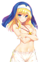 Rule 34 | 1girl, blonde hair, bloomers, blush, breast hold, breasts, bucchake (asami), collarbone, commentary request, cross, cross necklace, green eyes, hair between eyes, jewelry, long hair, looking at viewer, medium breasts, navel, necklace, ootomo sourin (sengoku otome), parted lips, sengoku otome, simple background, solo, topless, underwear, underwear only, veil, white background, white bloomers