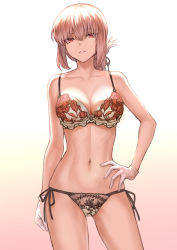Rule 34 | 1girl, absurdres, alternate costume, antenna hair, bare arms, bare legs, bare shoulders, bra, breasts, cleavage, commentary request, contrapposto, cowboy shot, fate/grand order, fate (series), female focus, floral print, florence nightingale (fate), gloves, gluteal fold, gradient background, highres, large breasts, long hair, looking at viewer, mashuu (neko no oyashiro), multicolored background, narrow waist, navel, panties, parted lips, pink hair, red eyes, rose print, see-through, side-tie panties, signature, solo, standing, stomach, thighs, twitter username, underwear, underwear only, white bra, white gloves
