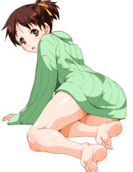 Rule 34 | 1girl, barefoot, brown hair, feet, foot focus, full body, green shirt, hirasawa ui, k-on!, naked sweater, ponytail, ribbed sweater, shinama, shirt, short hair, simple background, soles, solo, sweater, toes, white background