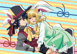 Rule 34 | 1boy, 1girl, animal ears, artist name, athrun zala, blonde hair, blue hair, cagalli yula athha, cosplay, couple, dress, easter, easter bunny, easter bunny (cosplay), fake animal ears, fumiko (mesushi), green dress, green eyes, gundam, gundam seed, gundam seed freedom, hair ornament, hand on another&#039;s back, holding hands, looking at viewer, mad hatter (alice in wonderland), mad hatter (alice in wonderland) (cosplay), rabbit ears, short hair, yellow eyes