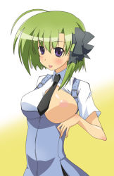 Rule 34 | 00s, 1girl, :p, ahoge, bow, breast slip, breasts, framed breasts, green hair, hair bow, large breasts, necktie, nipples, no bra, one breast out, paopa ship, purple eyes, school uniform, shigure asa, short hair, shuffle!, solo, tongue, tongue out