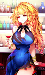 Rule 34 | 1girl, absurdres, alcohol, alternate costume, blonde hair, bottle, braid, breasts, cleavage, cleavage cutout, clothing cutout, collarbone, covered navel, cup, drinking glass, glass bottle, hand on table, highres, junko (touhou), large breasts, leaning back, long hair, looking at viewer, orange hair, pointy ears, raptor7, red eyes, single braid, sitting, solo, table, thighs, touhou, touhou lostword, whiskey, wine, wine glass