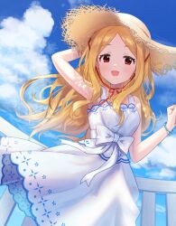 Rule 34 | 1girl, armpits, bare shoulders, blonde hair, blush, bow, bracelet, breasts, cloud, cloudy sky, collarbone, day, dress, dress bow, fence, hat, holding, holding clothes, holding hat, idolmaster, idolmaster cinderella girls, idolmaster cinderella girls starlight stage, jewelry, long hair, looking at viewer, lunalight-dg, mochizuki hijiri, open mouth, parted bangs, red eyes, sky, small breasts, smile, solo, straw hat, white dress