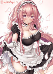 Rule 34 | 1girl, absurdly long hair, absurdres, alternate costume, apron, artist name, azur lane, black dress, black thighhighs, breasts, cleavage, dress, enmaided, frilled apron, frilled dress, frilled gloves, frilled hairband, frills, gloves, hairband, highres, holding, holding clothes, holding skirt, large breasts, long hair, looking at viewer, maid, makihige, perseus (azur lane), pink background, pink hair, puffy short sleeves, puffy sleeves, purple eyes, short sleeves, simple background, skirt, solo, thighhighs, very long hair, white apron, white gloves