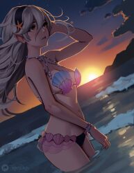 Rule 34 | 1girl, absurdres, beach, bikini, black bikini, black hairband, breasts, cloud, commentary, corrin (female) (fire emblem), corrin (fire emblem), english commentary, fire emblem, fire emblem cipher, fire emblem fates, floating hair, grey hair, hair between eyes, hairband, highres, jackary, long hair, medium breasts, navel, nintendo, ocean, official alternate costume, outdoors, partially submerged, pointy ears, red eyes, shell, shell bikini, signature, sky, solo, sunset, swimsuit, water