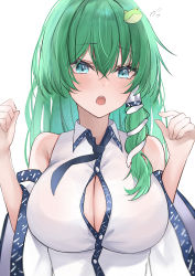Rule 34 | 1girl, absurdres, aqua eyes, asymmetrical hair, blush, breasts, button gap, cleavage, commentary, crossed bangs, detached sleeves, frog hair ornament, green hair, hair between eyes, hair ornament, hair tubes, highres, kochiya sanae, large breasts, long hair, open mouth, shirt, simple background, snake hair ornament, solo, sweatdrop, touhou, upper body, white background, white shirt, wide sleeves, wing collar, yuzi (32745637280)