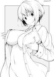 Rule 34 | 1girl, black eyes, border, breasts, cleavage, collared shirt, commentary request, cowboy shot, grey background, greyscale, kichihachi, large breasts, long sleeves, monochrome, navel, nude, open clothes, open shirt, original, shirt, smile, twitter username, unbuttoned, unbuttoned shirt, white border