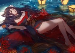 Rule 34 | 1girl, bare shoulders, barefoot, black choker, black hair, black kimono, blue eyes, breasts, choker, cleavage, eyeshadow, final fantasy, final fantasy xiv, floating, flower, food, fruit, hair flower, hair ornament, highres, hime cut, japanese clothes, kimono, lantern, lantern on liquid, large breasts, legs, long hair, looking at viewer, lying, makeup, mole, mole under mouth, obi, off shoulder, on back, paper lantern, parted lips, red flower, red lips, sash, solo, spider lily, thighs, very long hair, water, white flower, yoji (pl05030786), yotsuyu goe brutus
