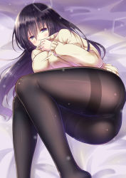 Rule 34 | 1girl, ame wa a ga tsutano?, bed sheet, black hair, black pantyhose, blush, breasts, covered mouth, eyebrows, gradient hair, hair between eyes, highres, large breasts, legs, light particles, long hair, long legs, long sleeves, looking at viewer, lying, multicolored hair, on bed, on side, original, panties, panties under pantyhose, pantyhose, pentagon (shape), shiny clothes, solo, sweater, thighband pantyhose, thighs, underwear, very long hair