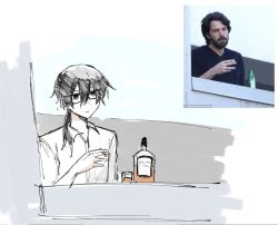 Rule 34 | 1boy, alcohol, animification, bad id, bad twitter id, ben affleck, black hair, bottle, cigarette, closed mouth, collared shirt, cup, drinking glass, glasses, holding, holding cigarette, male focus, original, photo-referenced, photo inset, ponytail, real life, reference inset, reference photo, semi-rimless eyewear, shirt, smoking, solo, tired, tsu (lovesick1964), under-rim eyewear, wing collar