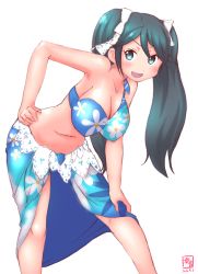 Rule 34 | 10s, 1girl, artist name, bare shoulders, bikini, blush, breasts, dated, floral print, green eyes, green hair, hair ribbon, hand on own hip, hand on own knee, hanging breasts, highres, isuzu (kancolle), kanon (kurogane knights), kantai collection, large breasts, leaning forward, long hair, looking at viewer, matching hair/eyes, open mouth, ribbon, sarong, simple background, single-shoulder bikini, smile, solo, swimsuit, twintails, white background