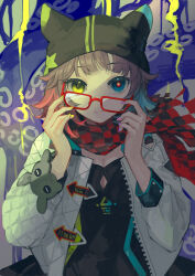 Rule 34 | 1girl, absurdres, arknights, black dress, black hat, black scarf, blue eyes, blue hair, breasts, checkered clothes, checkered scarf, cleavage, commentary, deepcolor (arknights), dress, glasses, gradient hair, graffiti, hat, heterochromia, highres, jacket, long sleeves, medium breasts, miike (992058), mismatched pupils, multicolored hair, multicolored nails, nail polish, open clothes, open jacket, outdoors, purple hair, purple nails, red hair, red scarf, removing eyewear, scarf, solo, tentacles, upper body, wall, white jacket, yellow eyes, yellow nails