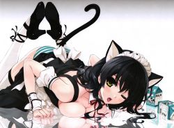 Rule 34 | 1girl, absurdres, animal ears, ankle ribbon, apron, black hair, blush, breast press, breasts, breasts out, cat ears, cat tail, cleavage, detached sleeves, green eyes, high heels, highres, leg ribbon, licking, long hair, looking at viewer, lying, maid, maid apron, maid headdress, milk, misaki kurehito, on stomach, one eye closed, original, panties, puffy sleeves, reflection, reflective floor, ribbon, sexually suggestive, shoes, solo, striped clothes, striped panties, tail, thighhighs, tongue, top-down bottom-up, top pull, underwear, white thighhighs, wink, wrist cuffs