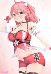 Rule 34 | 1girl, ahoge, bell, black choker, black ribbon, blush, breasts, choker, detached sleeves, gmkj, green eyes, hair between eyes, hair ornament, hairclip, highres, hololive, jingle bell, large breasts, looking at viewer, midriff, navel, neck bell, parted lips, pink hair, pom pom (clothes), puffy short sleeves, puffy sleeves, red shirt, red shorts, ribbon, sakura miko, sakura miko (work), shirt, short shorts, short sleeves, shorts, solo, virtual youtuber, wrist cuffs
