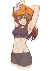 Rule 34 | 1girl, armpits, arms up, bike shorts, black shorts, black sports bra, breasts, brown eyes, brown hair, cropped legs, frenchvanillu, grin, groin, guilty gear, guilty gear strive, hat, highres, holding own arm, may (guilty gear), medium breasts, medium hair, navel, orange hat, pirate hat, shorts, skull and crossbones, smile, solo, sports bra, stretching, toned, underwear, underwear only, white background