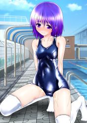 Rule 34 | 1girl, asagi koko, bad id, bad pixiv id, blush, cloud, covered navel, day, feet, fence, frown, highres, kneeling, lane line, looking away, one-piece swimsuit, original, outdoors, pool, pool ladder, poolside, purple eyes, purple hair, school, school swimsuit, shadow, shiny clothes, shiro-kuro, short hair, skindentation, solo, swimsuit, thighhighs, vanishing point, wet, wet clothes, white thighhighs