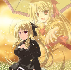 Rule 34 | 00s, blonde hair, dress, field, flower, hayate no gotoku!, open mouth, outstretched arm, outstretched hand, reaching, red eyes, ryouta (ganko tuudere), tennousu athena, umbrella