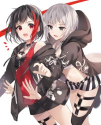 Rule 34 | 10s, 2girls, aoba moca, bad id, bad pixiv id, bang dream!, bare shoulders, black hair, black jacket, black shorts, black socks, bob cut, breasts, choker, cleavage, commentary request, grey hair, highres, jacket, jewelry, kneehighs, long sleeves, mitake ran, multicolored hair, multiple girls, navel, necklace, open mouth, purple eyes, red eyes, red hair, red shirt, shirt, short hair, shorts, small breasts, smile, socks, streaked hair, striped clothes, striped shorts, teeth, upper teeth only, yuhi (hssh 6)