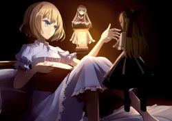 Rule 34 | 1girl, alice margatroid, apron, black dress, blonde hair, blue eyes, blue skirt, book, bow, capelet, clere, dress, dress shirt, frilled skirt, frills, hair bow, hourai doll, knees up, lantern, looking at another, on bed, open book, parted lips, puffy short sleeves, puffy sleeves, red bow, shanghai doll, shirt, short hair, short sleeves, skirt, touhou, waist apron, white shirt