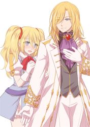 Rule 34 | 1boy, 1girl, absurdres, black vest, blonde hair, blue dress, blue eyes, blush, bow, bowtie, coat, commentary request, corset, cowboy shot, dress, embroidered coat, eyes visible through hair, formal, gloves, grin, hair between eyes, highres, long hair, long sleeves, looking at another, manoji, nyhill m. heine, open mouth, pinafore dress, puffy short sleeves, puffy sleeves, purple corset, ragnarok online, red bow, shirt, short sleeves, simple background, skia nerius, sleeveless dress, smile, twintails, vest, white background, white coat, white gloves, white shirt