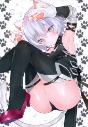 Rule 34 | 1girl, :o, absurdres, animal ear fluff, animal ears, animal hands, armpits, arms up, ass, bandaged arm, bandages, black footwear, black panties, black shirt, black thighhighs, blush, boots, breasts, cat ears, cat girl, cat tail, facial scar, fate/apocrypha, fate/grand order, fate (series), feet out of frame, gloves, grey background, grey eyes, hair between eyes, highres, jack the ripper (fate/apocrypha), kemonomimi mode, knees together feet apart, panties, parted lips, paw gloves, paw print, paw print background, scar, scar across eye, scar on cheek, scar on face, shirt, sideboob, silver hair, sleeveless, sleeveless shirt, small breasts, solo, suzuho hotaru, tail, thigh boots, thighhighs, twitter username, underwear, white gloves